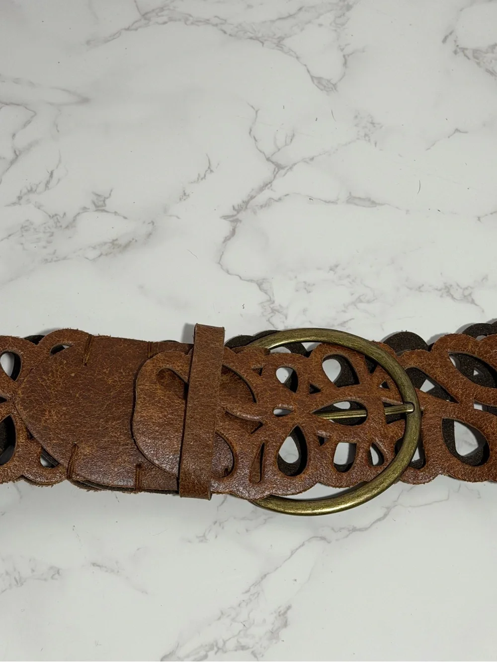 Vintage Brown Boho Cut Out Faux‎ Leather Belt with Brass Buckle -- L